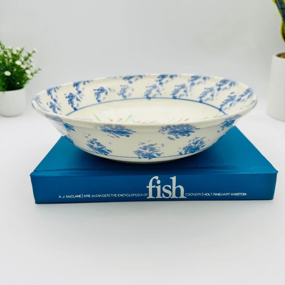 Vintage Jane Signed Hand Painted Ceramic Floral Bowl Blue Yellow 1992 11